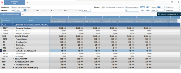 Grundstruktur der Gewinn- und Verlustrechnung im BusinessPlanner Client mit Beispieldaten von consultnetwork